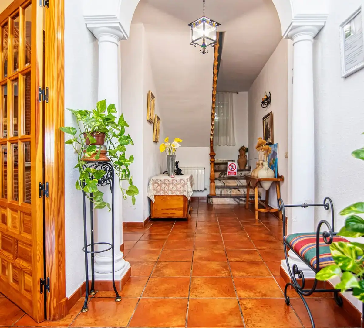 Pasillo con suelo de barro cocido y plantas