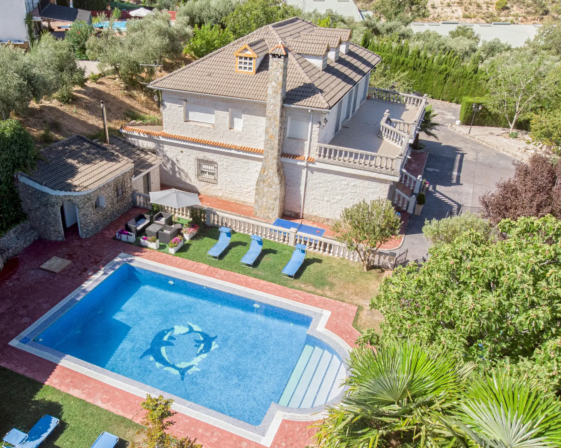 Vista aérea de la piscina de Villa Fuji entre el jardín y la Sierra de la Pandera