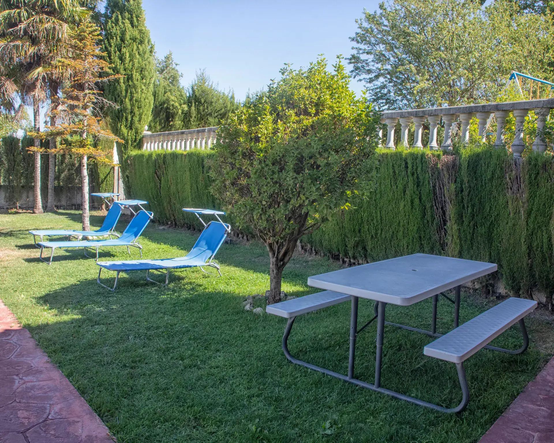 Césped con tumbonas y mesa de picnic a la sombra